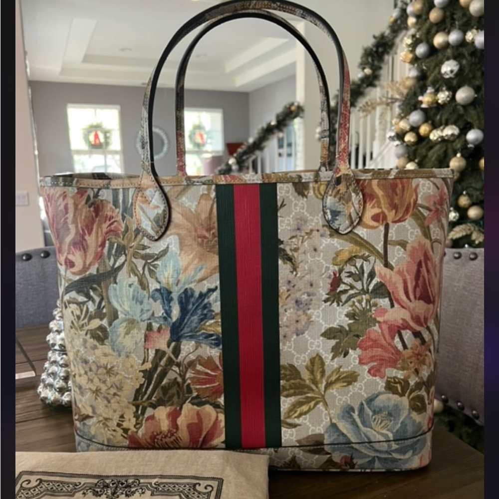 Gucci Floral Tote with Red and Green Stripes